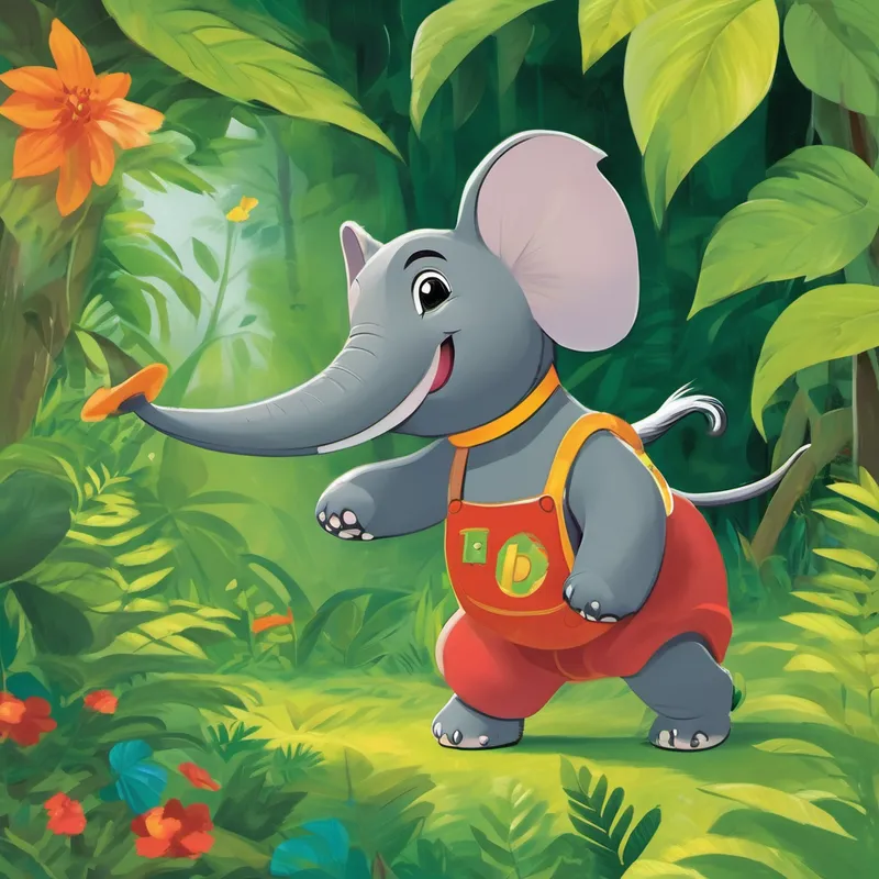 The forest was full of surprises. They met Clara, the clever caterpillar, who crawled on a green leaf and showed them that "C is for caterpillar." Then, a mischievous monkey named Max swung by and shared, "D is for monkey's drum." On their way, they discovered a joyful elephant named Ellie, dancing on a rainbow. She trumpeted, "E is for elephant!" They couldn't help but dance along and draw the letter E in their magical sketchbook.