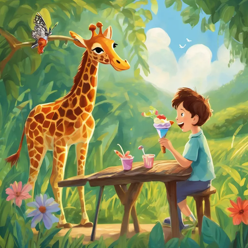 The adventures continued as Lily and Whiskers met a funny frog named Freddy, who ribbeted, "F is for frog." Then, a graceful giraffe named Ginny stretched her long neck and whispered, "G is for giraffe." Each letter they learned led them to new friends with fantastic stories. H was for Harry the hummingbird, who flew around with beautiful wings. I was for Izzy the ice cream seller, whose ice creams were so tasty that they made everyone want to eat them right away.
