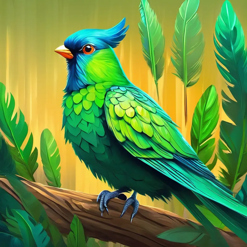 Un Un loro verde con plumas brillantes y curioso verde con plumas brillantes