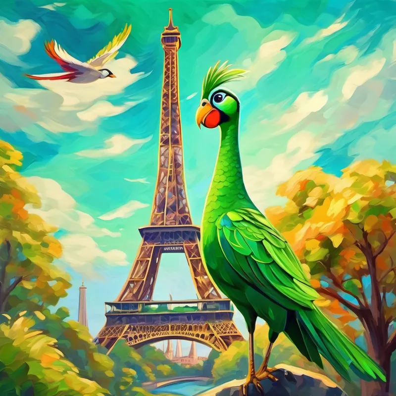 El Un loro verde con plumas brillantes y curioso volando con la Torre Eiffel