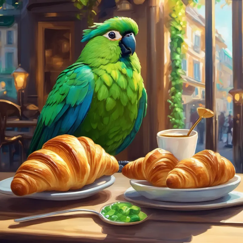El Un loro verde con plumas brillantes y curioso en un café con croissants