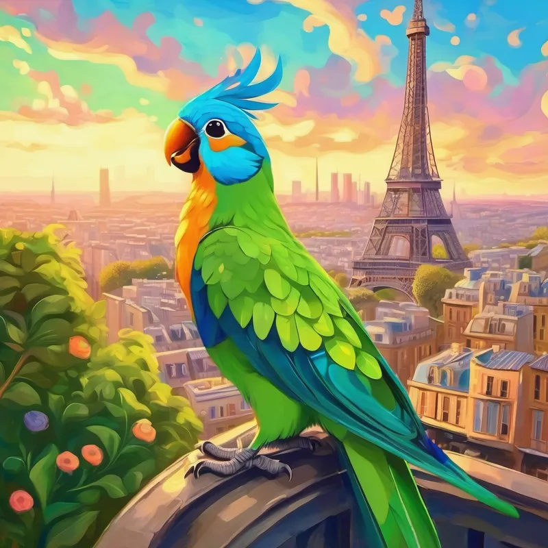 El Un loro verde con plumas brillantes y curioso en la cima de la Torre Eiffel
