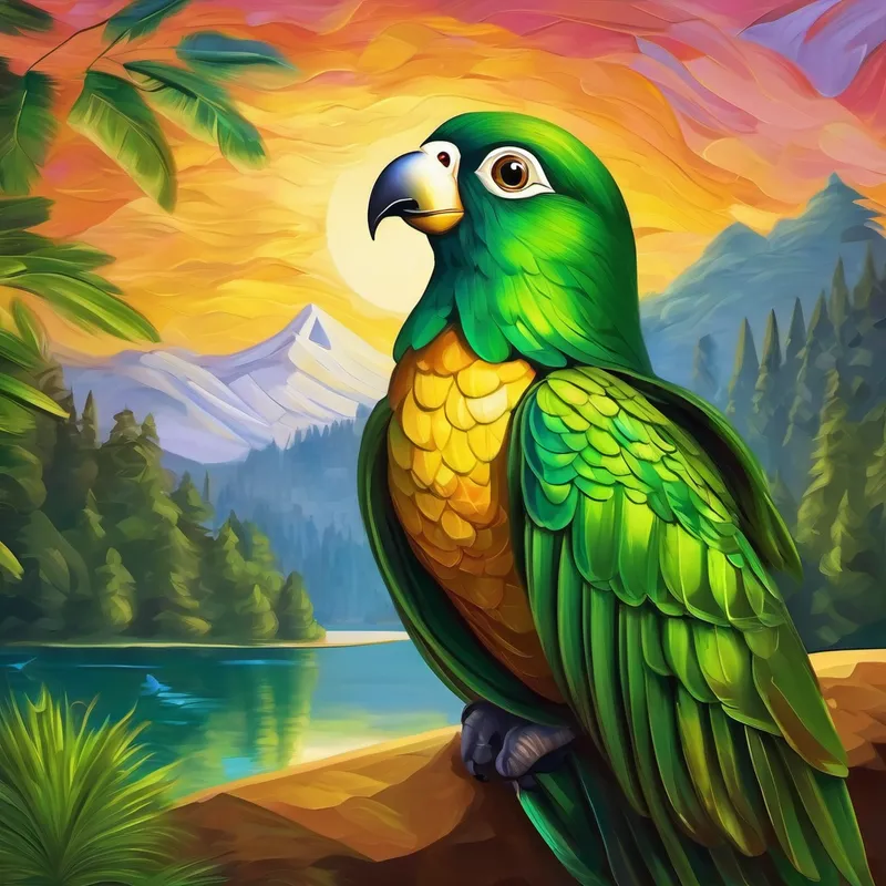 El Un loro verde con plumas brillantes y curioso en frente de la Mona Lisa