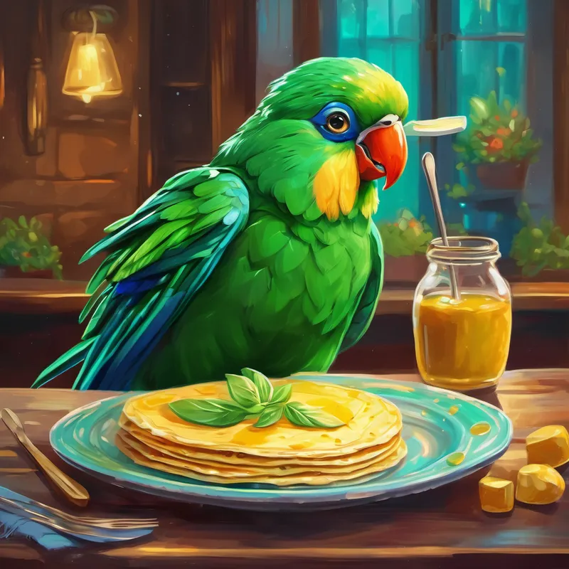 El Un loro verde con plumas brillantes y curioso comiendo crepes y queso