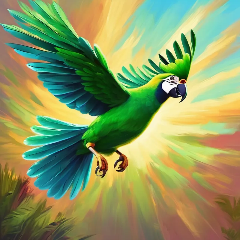 El Un loro verde con plumas brillantes y curioso volando de vuelta a casa