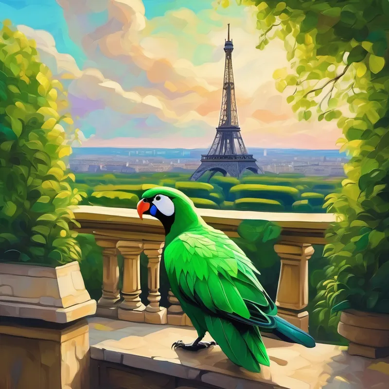 El Un loro verde con plumas brillantes y curioso con una foto de la Torre Eiffel