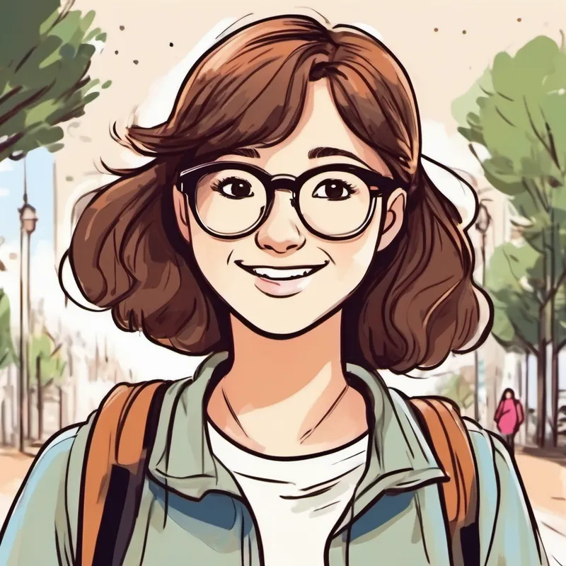 Brown-haired girl with glasses, always smiling walking and talking with different people