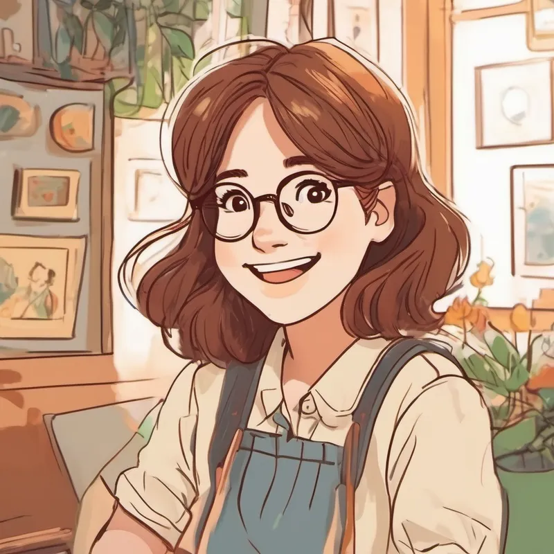 Brown-haired girl with glasses, always smiling and friends laughing and talking