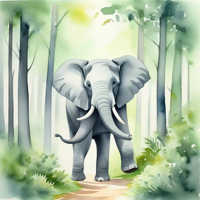 Friendly and confident, gray with a long trunk walking happily in a green forest