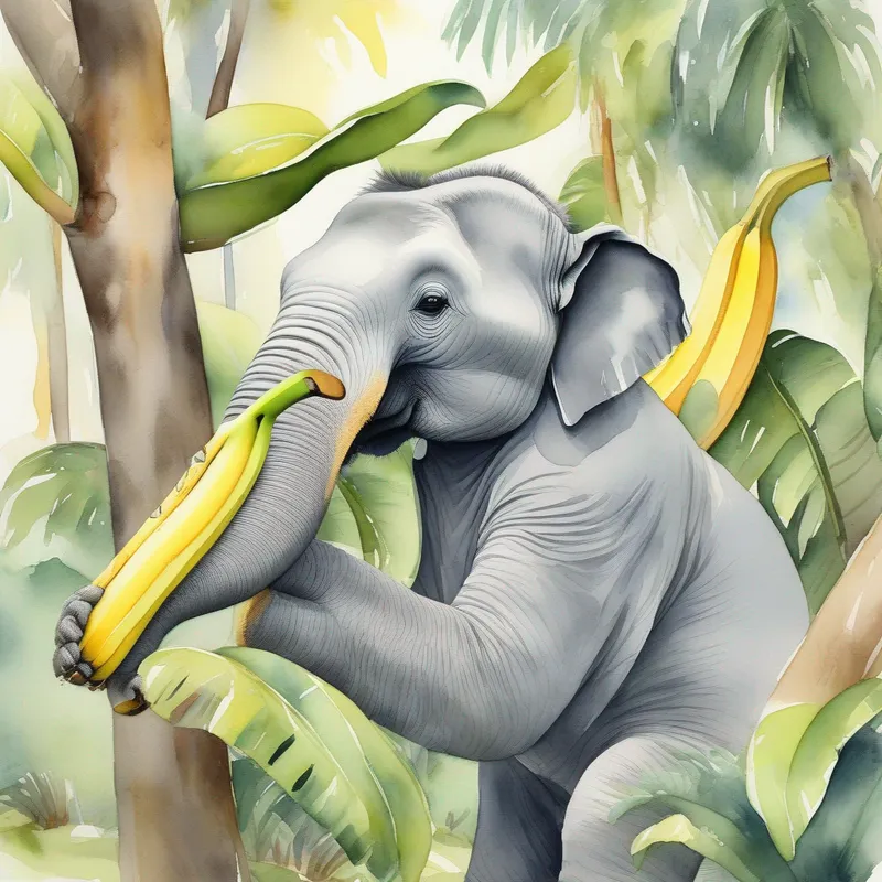 Friendly and confident, gray with a long trunk calculating with two bananas surrounded by trees