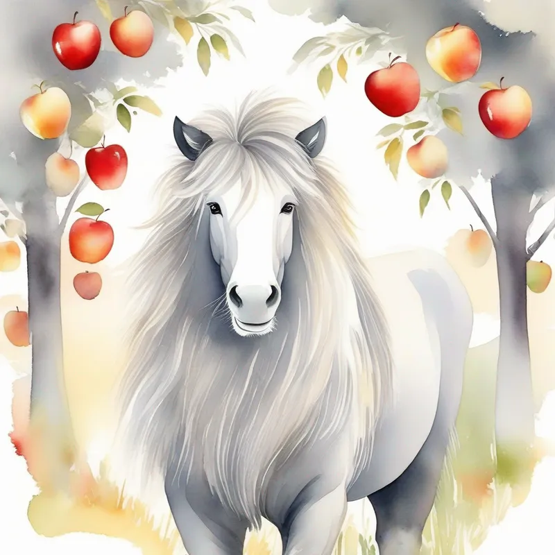 Friendly and confident, gray with a long trunk and Brave and playful, golden with a majestic mane with three red apples in a beautiful orchard