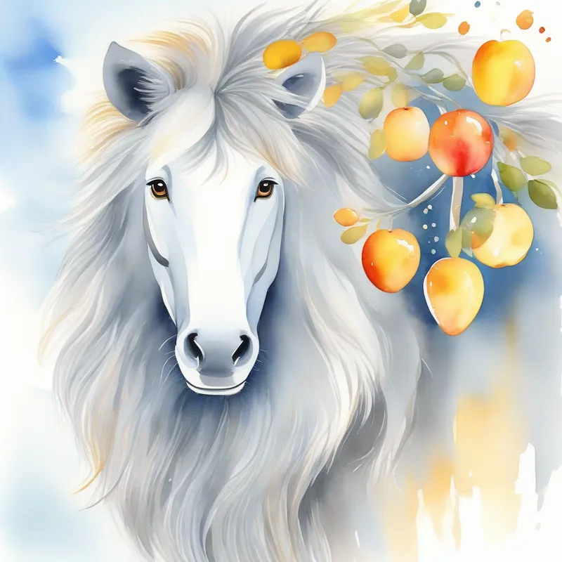 Friendly and confident, gray with a long trunk and Brave and playful, golden with a majestic mane counting four fruits under a blue sky