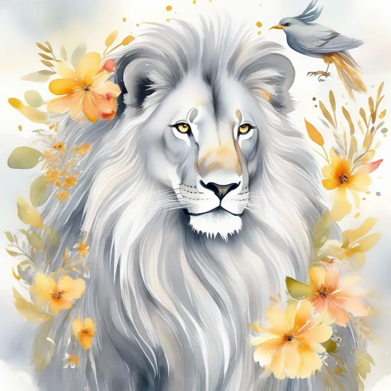 Friendly and confident, gray with a long trunk and Brave and playful, golden with a majestic mane with two birds on a branch, surrounded by flowers