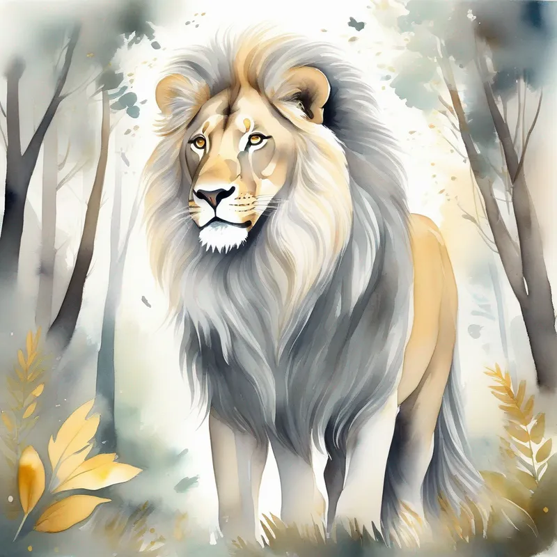 Friendly and confident, gray with a long trunk and Brave and playful, golden with a majestic mane exploring the forest with big smiles