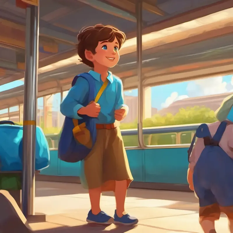 Energetic boy, brown hair, blue eyes, wears bright clothes greets his godmother at the bus station