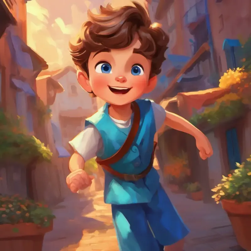 Energetic boy, brown hair, blue eyes, wears bright clothes's godmother shares her excitement for the day