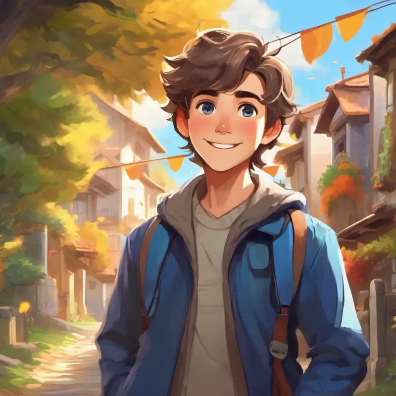 Energetic boy, brown hair, blue eyes, wears bright clothes and Warm smile, twinkling eyes, grey hair, wise appearance return home, grateful for the adventure