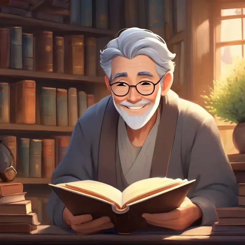 Warm smile, twinkling eyes, grey hair, wise appearance holds an enchanting book