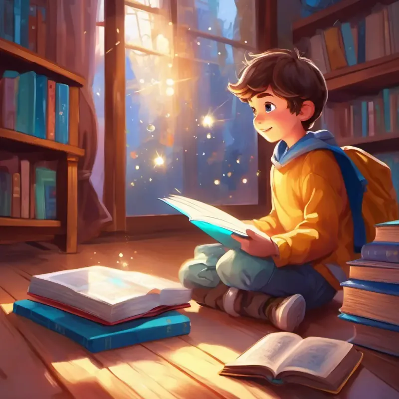 Energetic boy, brown hair, blue eyes, wears bright clothes is captivated by the sparkling book