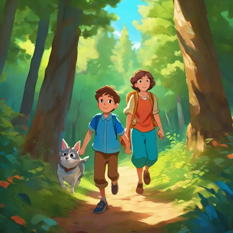 Energetic boy, brown hair, blue eyes, wears bright clothes and his godmother are transported to a forest