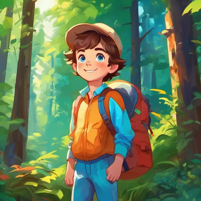 Energetic boy, brown hair, blue eyes, wears bright clothes observes the vibrant sights and sounds of the forest