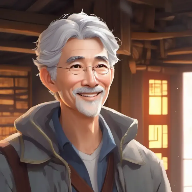 Warm smile, twinkling eyes, grey hair, wise appearance suggests exploring the new environment