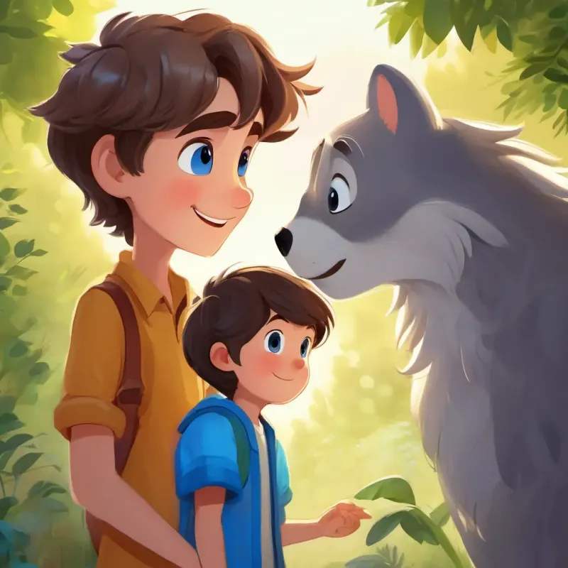 Talking animals share secrets with Energetic boy, brown hair, blue eyes, wears bright clothes and Warm smile, twinkling eyes, grey hair, wise appearance