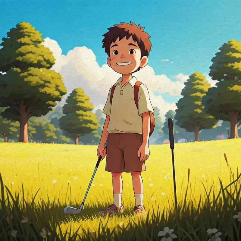 a young boy with a golf club smiling brightly in a sunny field