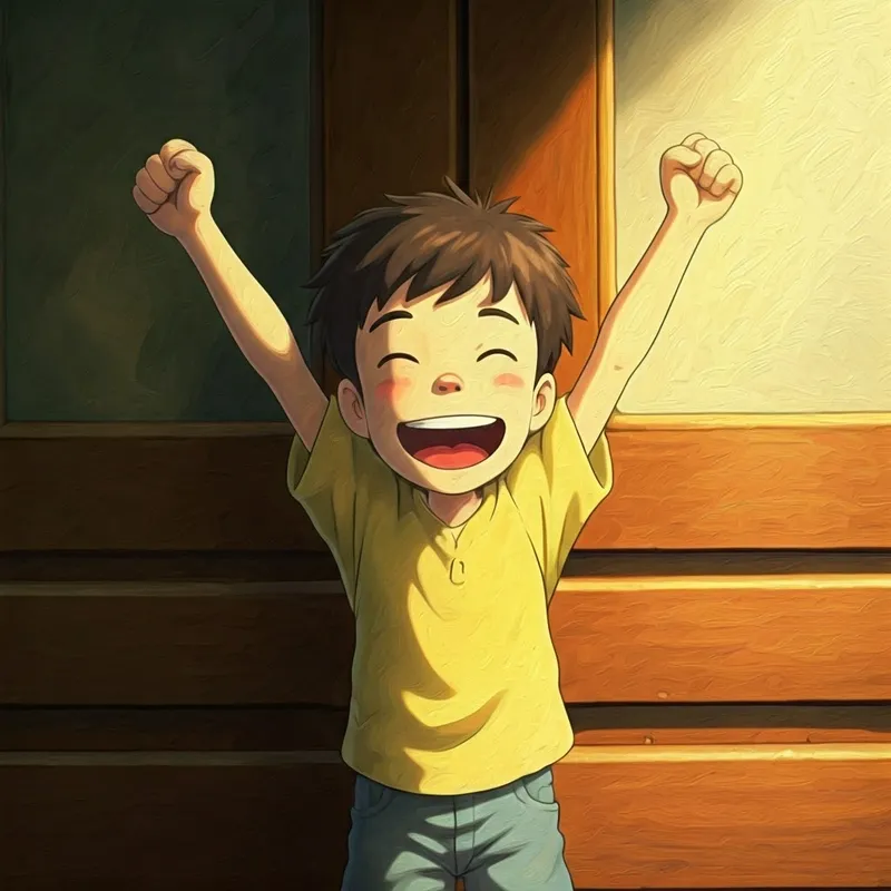 the boy cheering with his arms in the air and a big smile on his face