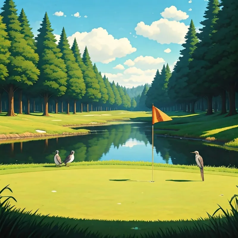 a golf course with a lake and a few birds perched on a golf flag, cartoon style