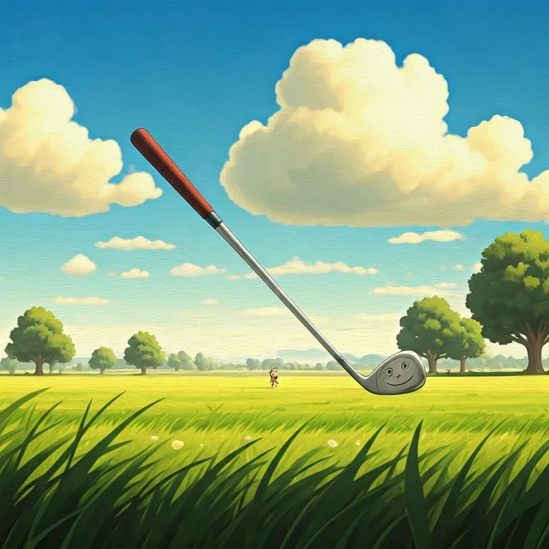 a golf club with a face drawn on it, smiling