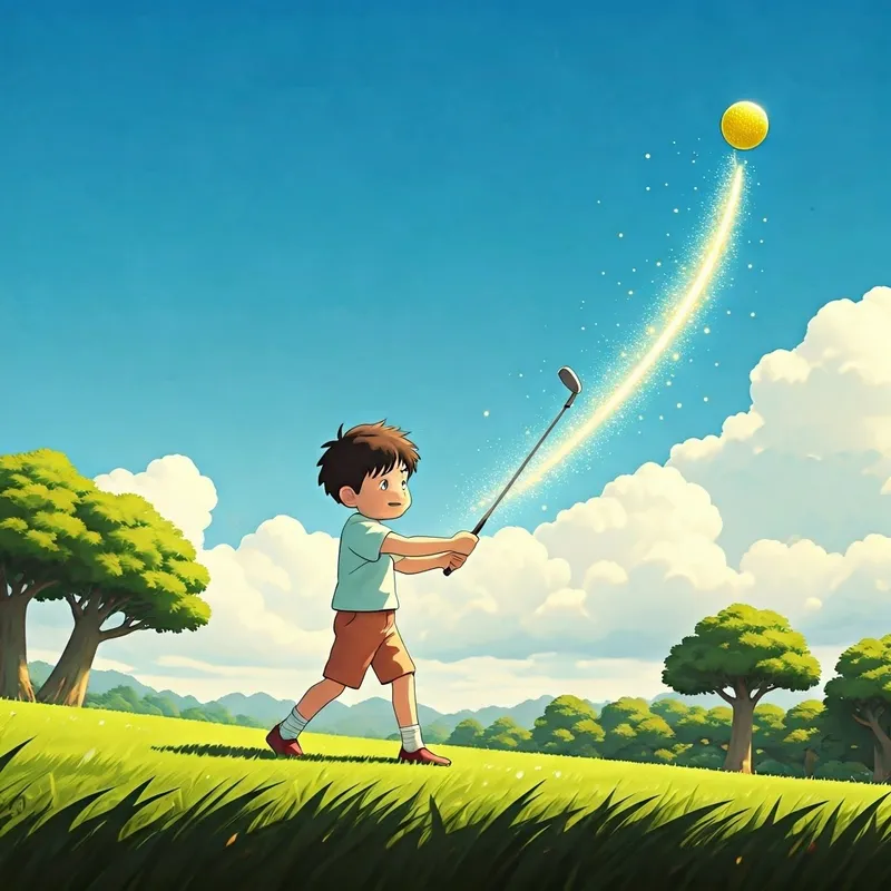 a boy swinging a golf club with a yellow golf ball flying through the air, leaving a sparkling trail