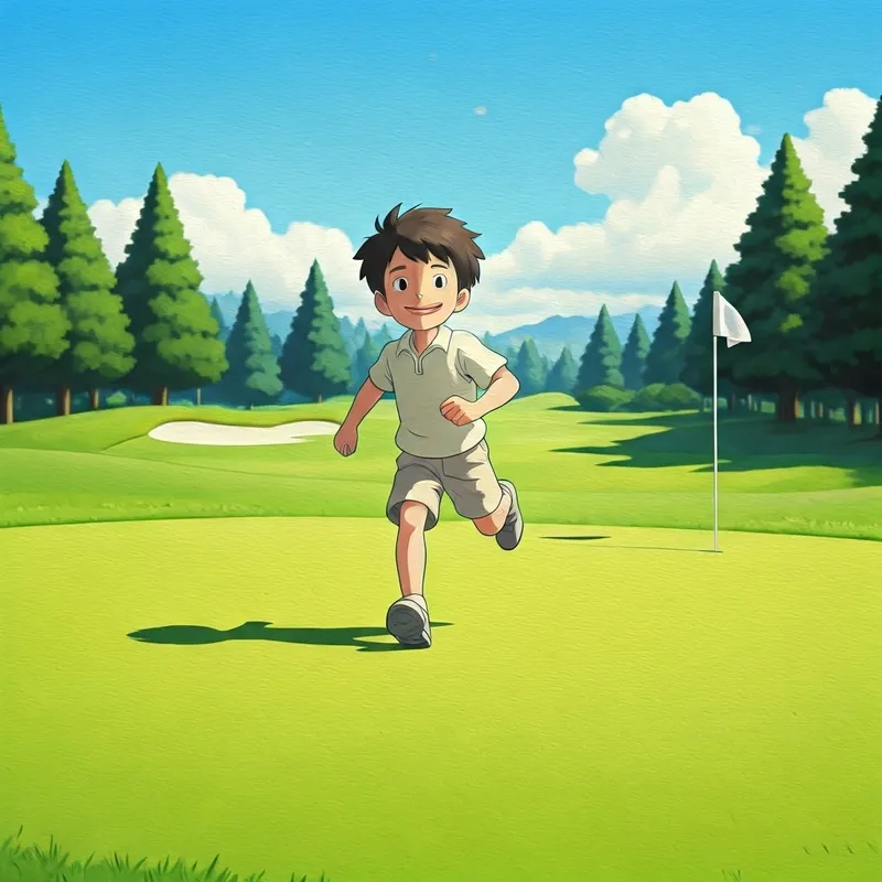 the boy running across the golf course with a happy expression