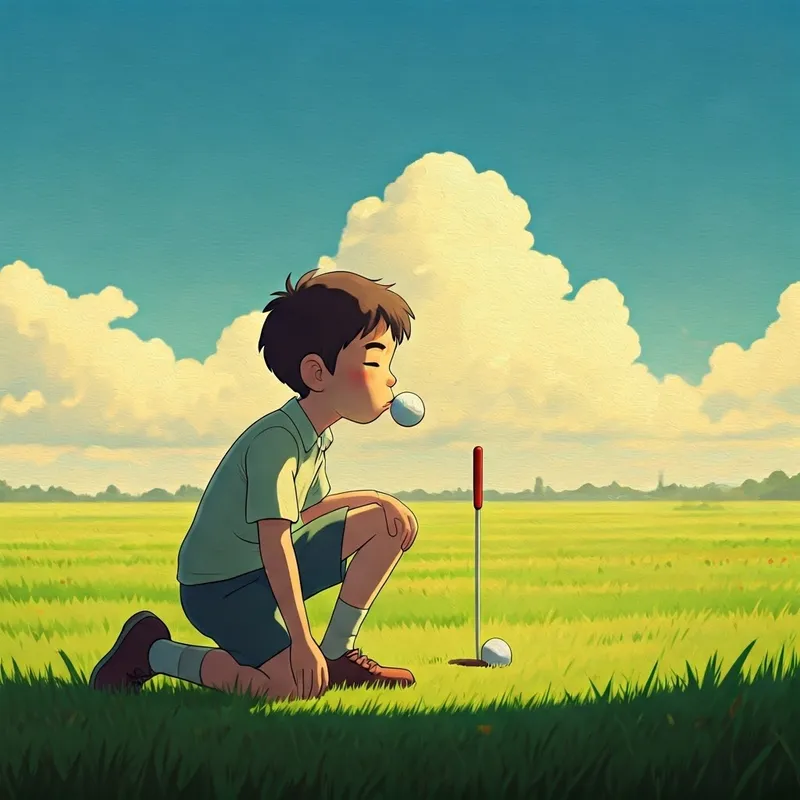 the boy kneeling near the golf hole, gently blowing on the golf ball