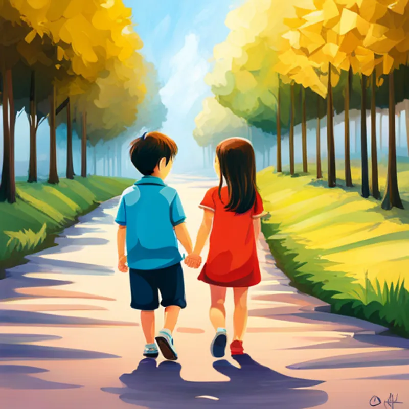 Two girlren, a girl and a boy, holding hands