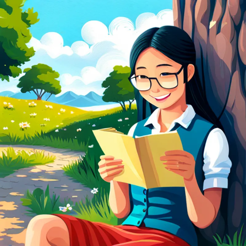 A girl reading a love letter with a big smile on her face