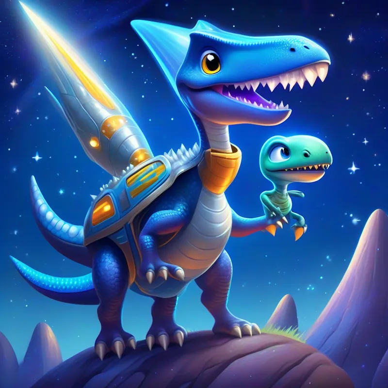 A curious dinosaur with bright blue scales and a spiky tail. rides a shooting star and meets A friendly alien with a shiny silver spaceship. the alien in her spaceship.