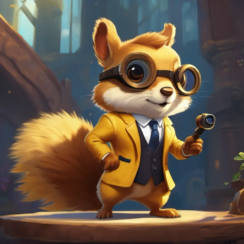 Introducing Golden fur, smart, brave, wears a tiny suit and spy goggles, a squirrel secret agent.