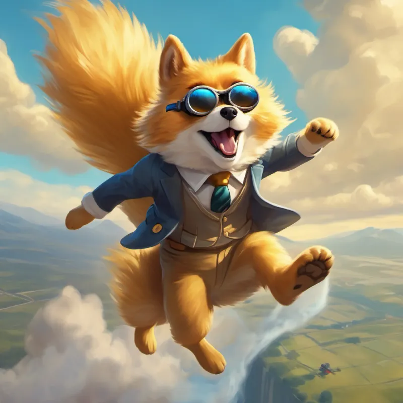 Golden fur, smart, brave, wears a tiny suit and spy goggles leaps from a plane and gets blown off course.