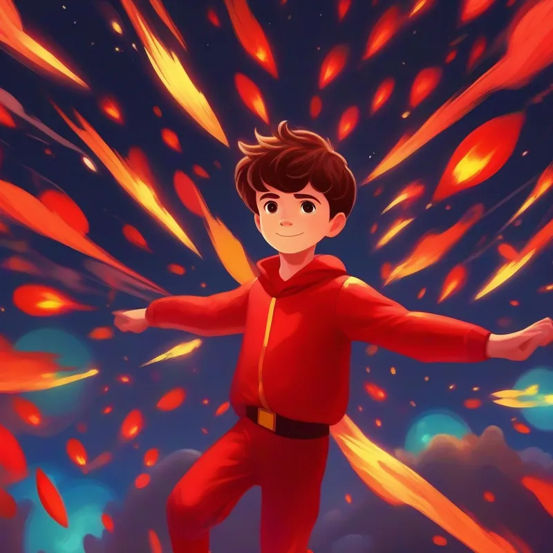 A boy with short brown hair, wearing a red superhero costume. flying in the sky with colorful fireballs in his hands.