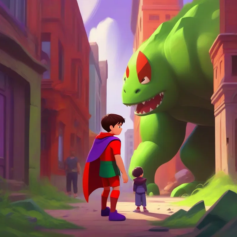 A boy with short brown hair, wearing a red superhero costume. talking to the A giant green creature with bulging muscles and torn purple shorts. while buildings crumble around them.