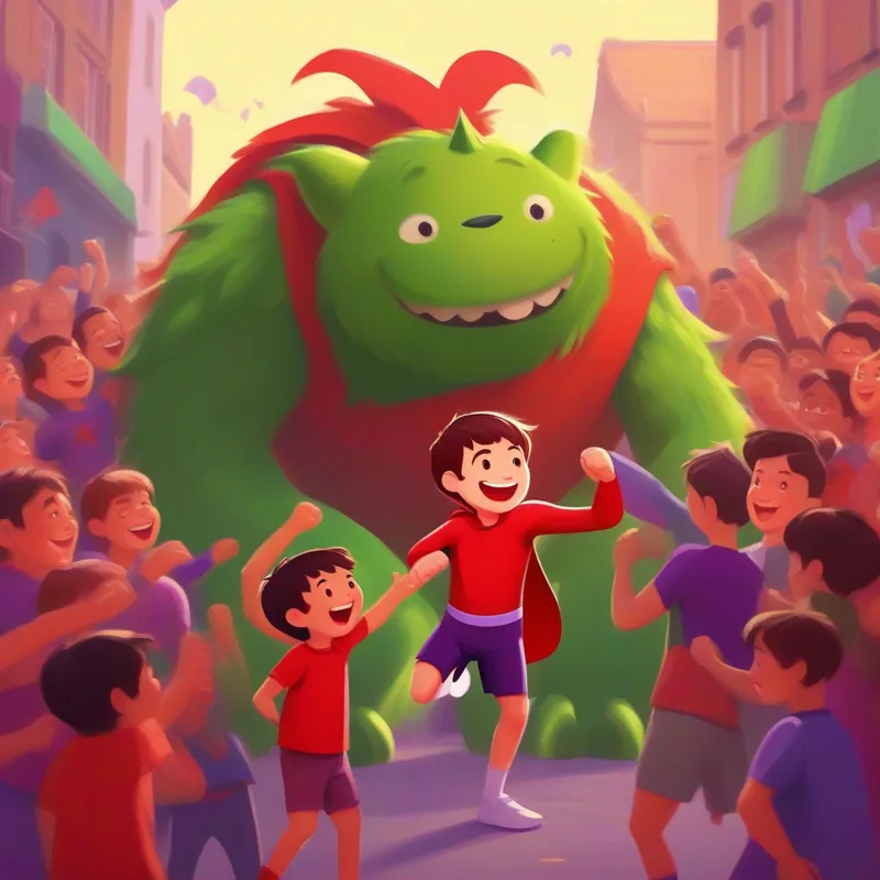 A boy with short brown hair, wearing a red superhero costume. and the A giant green creature with bulging muscles and torn purple shorts. laughing together with people cheering around them.