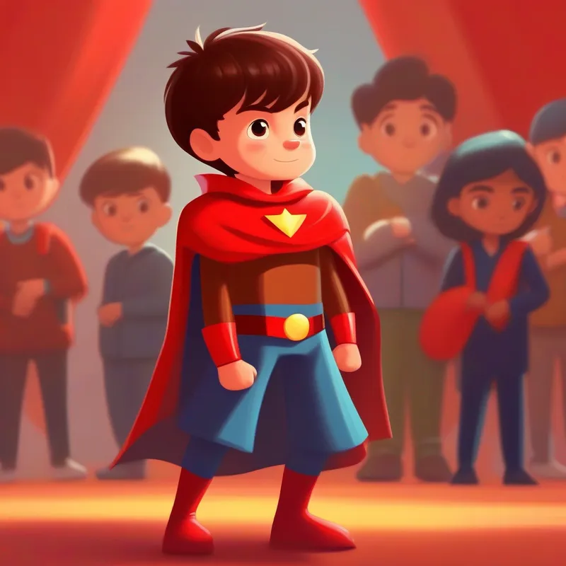 A boy with short brown hair, wearing a red superhero costume. standing proudly with his hands on his hips, ready for anything.