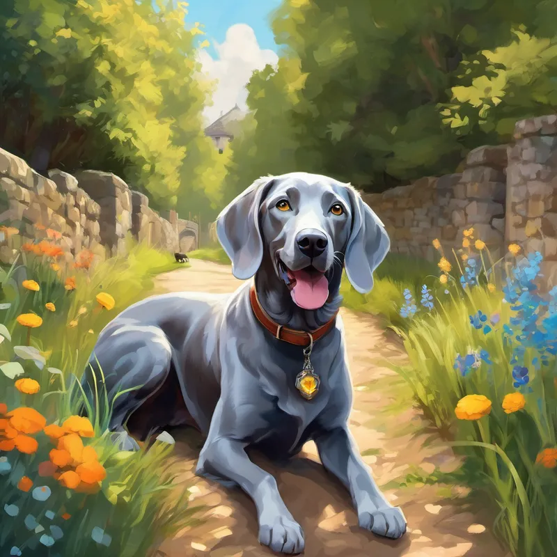Once upon a time, in the charming old village of France, there lived a lovable, gray Weimaraner named Linke. Linke loved to explore the village and make friends with all the people who lived there. One sunny day, as Linke was frolicking in the meadow, he noticed a shiny, silver object streaking across the sky. It landed right in front of him with a soft thud. Curiosity sparked, Linke sniffed the object and discovered a friendly blob from outer space! The blob was blue, gooey, and had a big grin on its face. 'Hello there, little fella!' Linke exclaimed with a wag of his tail. 'What's your name?' The blob let out a delightful squeak and rolled happily towards Linke, ready to embark on an incredible adventure together.