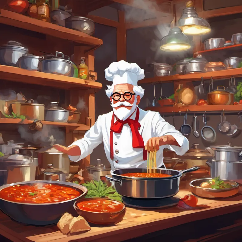 Their next challenge awaited them in Colonel Sanders' kitchen. As they snuck into the royal kitchen, filled with towering shelves of ingredients and pots and pans, they were greeted by the smell of burnt food. Colonel Sanders stood in front of a bubbling cauldron, maniacally stirring a pot filled with awful-looking soup. 'Halt!' Linke barked with great authority, surprising Colonel Sanders. 'We won't let you ruin the delicious food in this village any longer!'