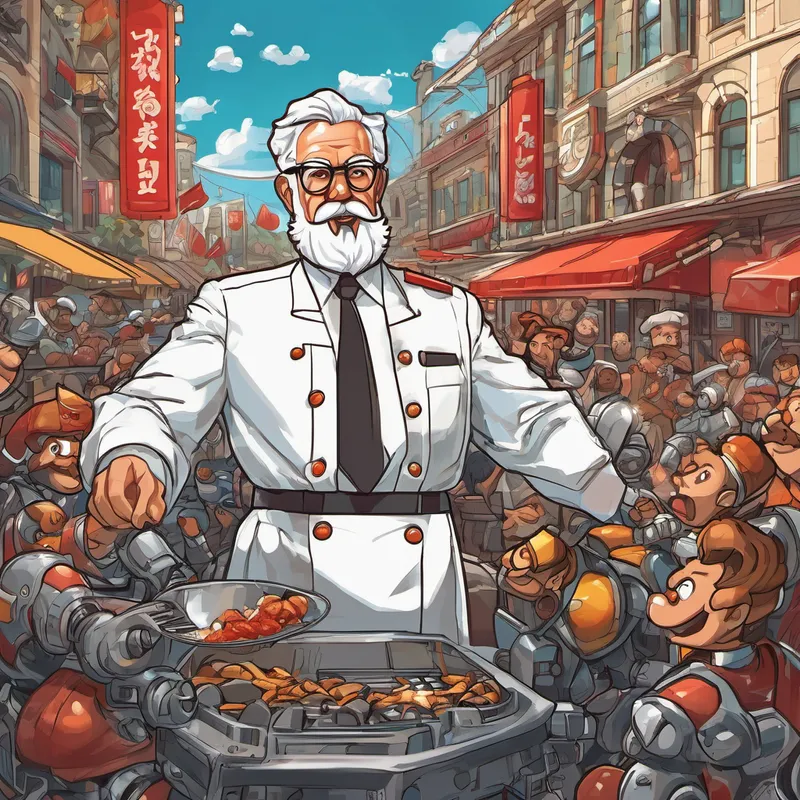 Colonel Sanders let out an evil chuckle and said, 'You think you can stop me? Think again!' With a wave of his hand, Colonel Sanders summoned a group of robot chefs. They were big, metal machines with clunky arms and shiny buttons. Linke and the blob realized that they needed a plan, and fast!
