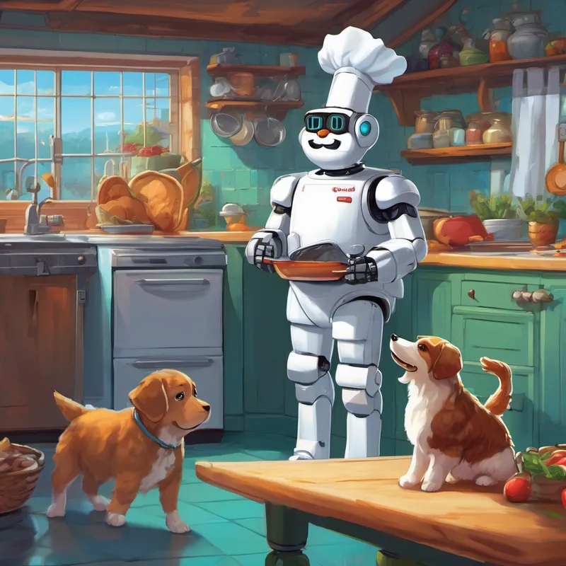 Using their wit and agility, Linke and the blob outsmarted the robot chefs one by one. Linke would distract them with his adorable puppy face, while the blob snuck up from behind and pressed their buttons, causing them to malfunction. The kitchen soon turned into a chaotic dance of barks and squeaks. Before long, all the robot chefs were defeated, and Colonel Sanders was left standing alone, defeated and humiliated.