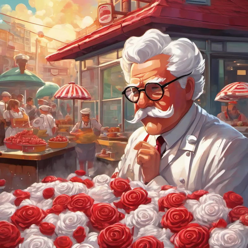 With a newfound determination, Linke and the blob approached Colonel Sanders, who trembled with fear. 'You may have defeated my robot chefs, but you will never defeat me!' Colonel Sanders exclaimed. But Linke and the blob didn't back down. They unleashed the power of the candy roses they had collected earlier. The roses exploded into a sweet and sticky mess, trapping Colonel Sanders in its delicious embrace. Unable to move, Colonel Sanders conceded defeat.