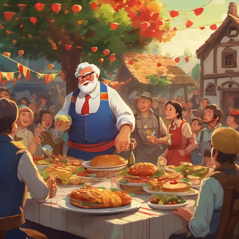 The news of Linke and the blob's heroic actions spread throughout the village. The grateful villagers celebrated by throwing a grand feast at Burger King, with Linke and the blob as the guests of honor. The food was delicious once more, and the joyous laughter of the villagers echoed through the night. Linke and the blob had not only defeated Colonel Sanders but had also reminded everyone of the importance of friendship and good food.