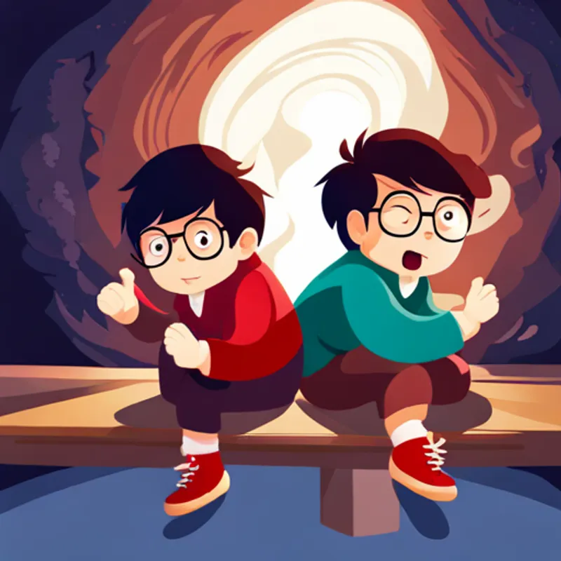 Two mischievous boys with dark hair and glasses. find magical cape in attic
